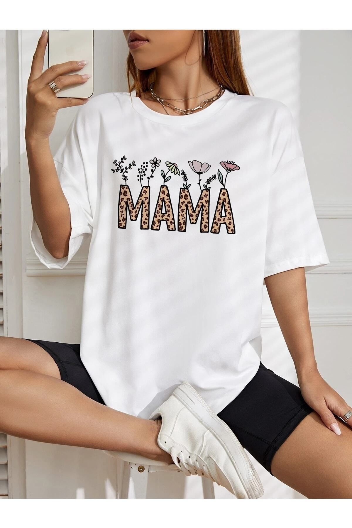 Hunors Sportswear & Company Mama & Çiçek Baskılı Beyaz Kadın / Kız Oversize Gri Salas T-shirt Boyfriend
