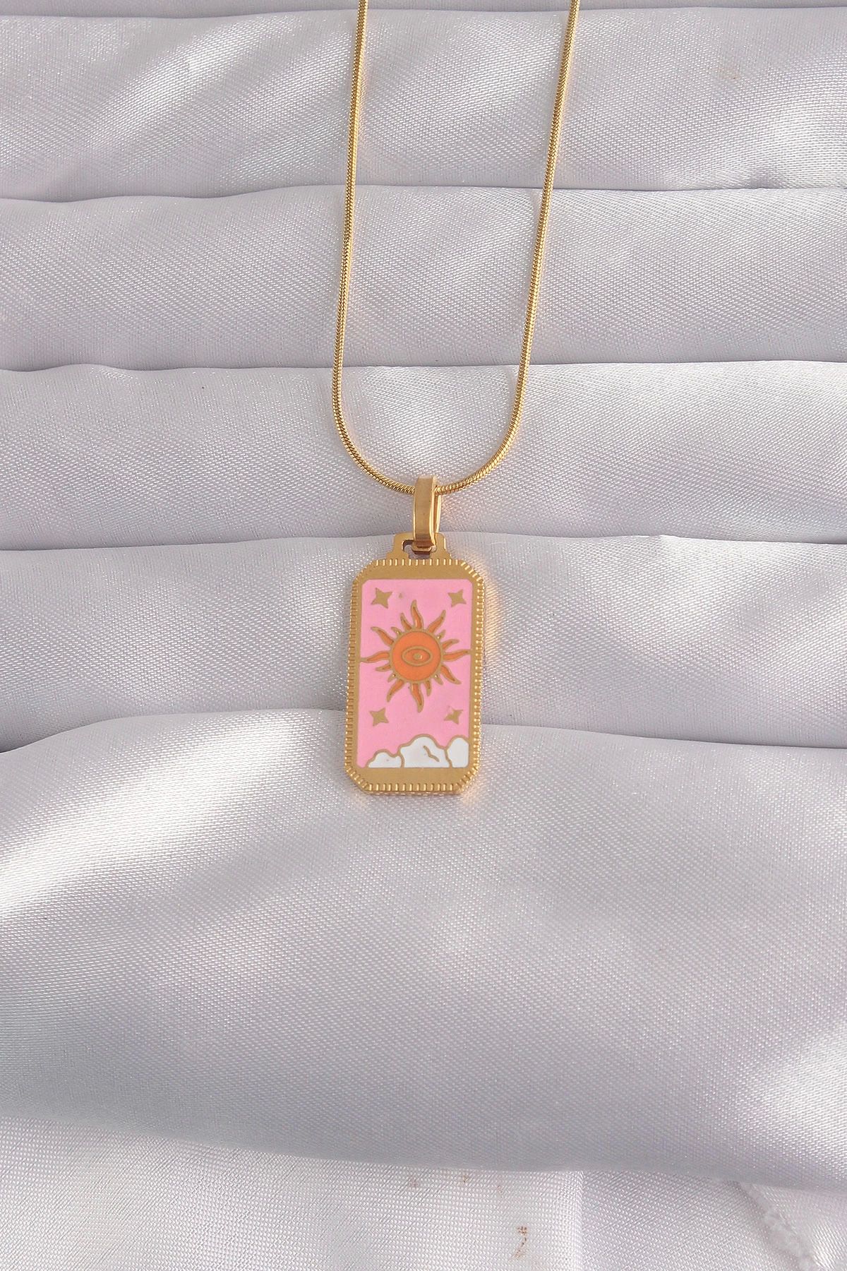 Ekince 316L Çelik Gold Renk Pembe Mineli Güneş Model Tarot Kolye