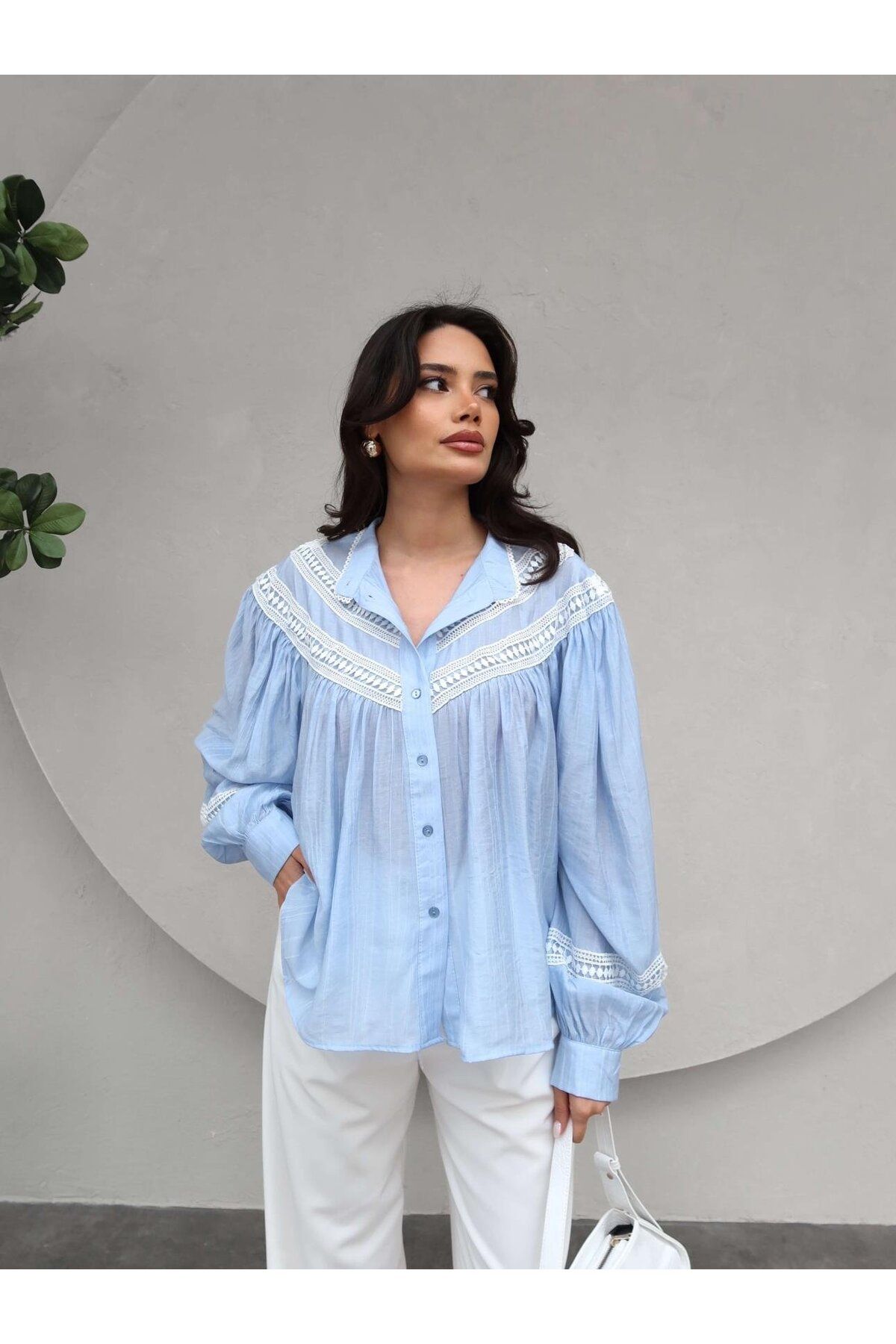 Hotfashion DANTEL DETAYLI BÜZGÜLÜ GÖMLEK