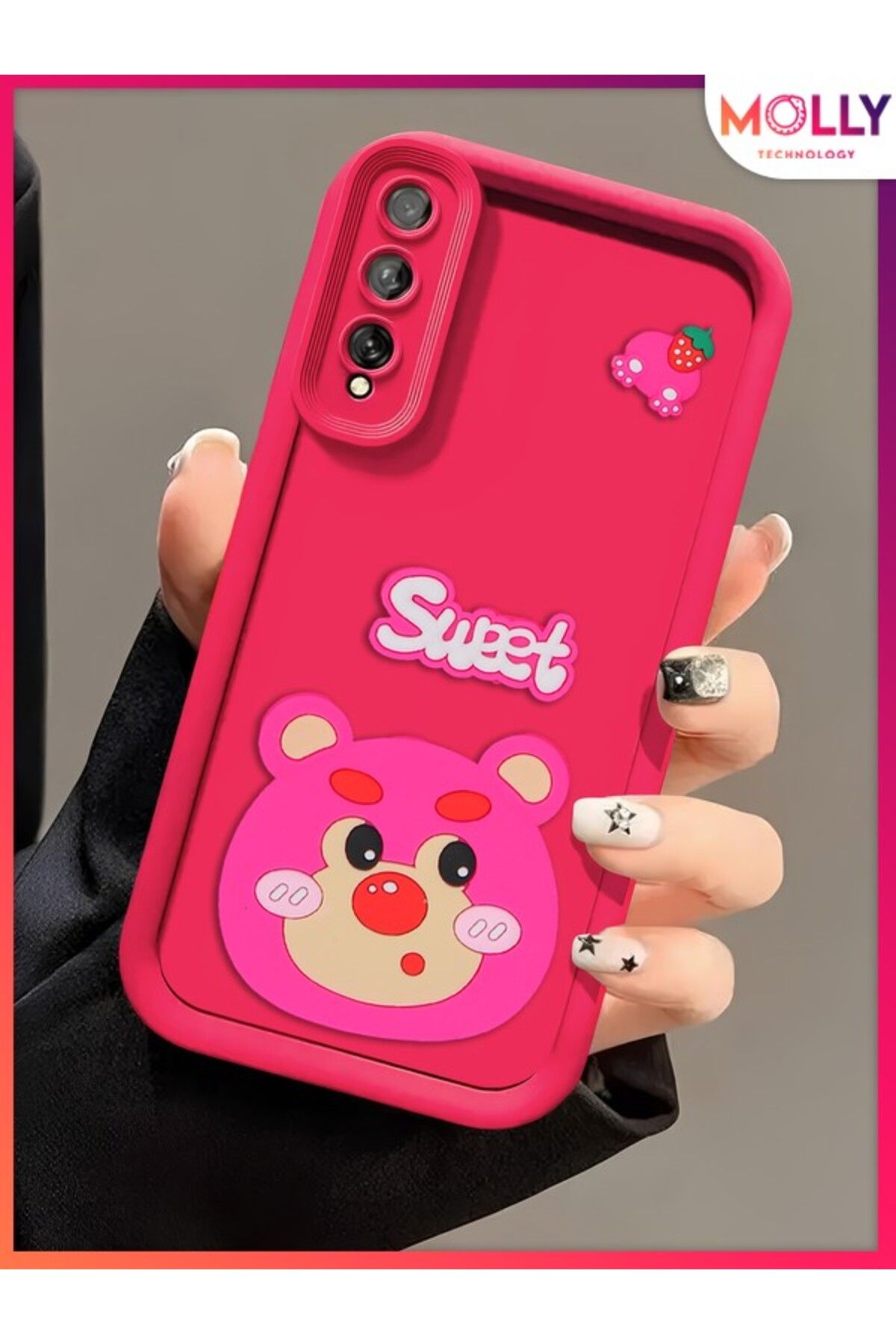 Molly Samsung Galaxy A30S İçin Magenta Kenarları Kalın 3d Kabartmalı Çilek Ayı Silikon Kılıf