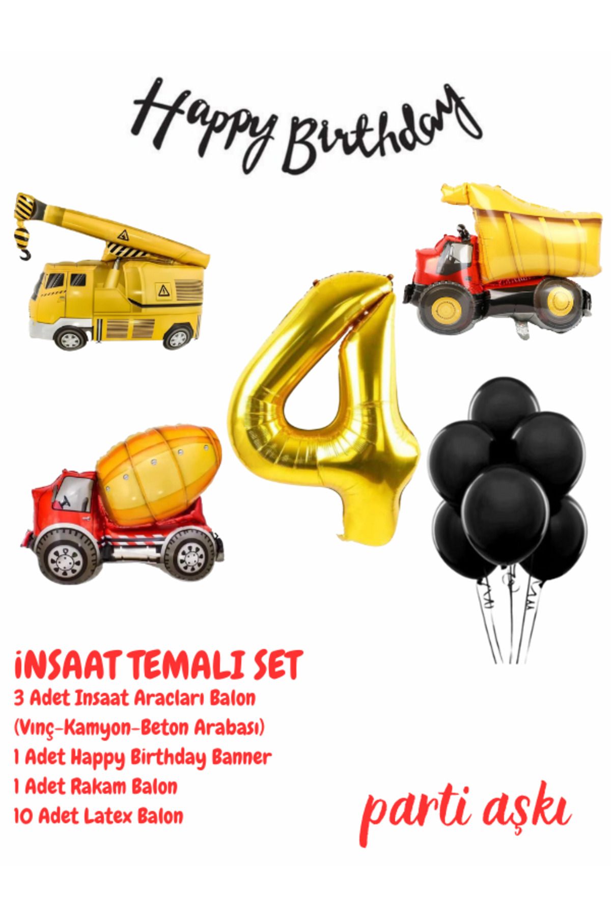 PARTİ AŞKI 4 Yaş İnşaat Arabaları Makinaları Temalı 6'lı Balon Seti&Erkek Çocuk,Bebek Doğum Günü Partisi Balonu