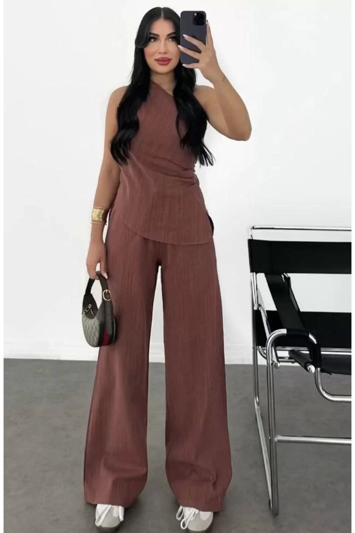 AE Stil Kadın Keten Asimetrik Tek Omuzlu Bluz Pantalon Takım- Bordo