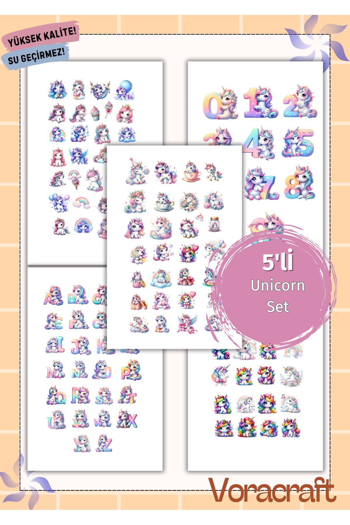 VORACRAFT 5'li Unicorn Tema Sticker Set Ajanda Bullet Journal Set A043