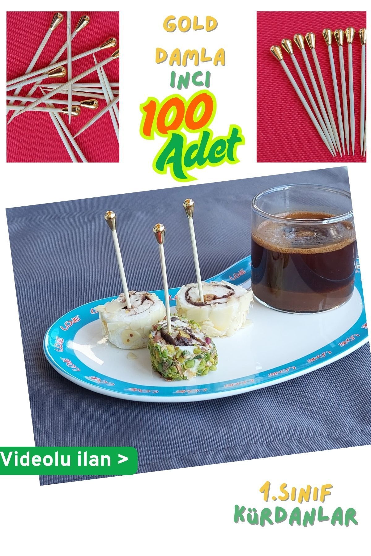 Armashine 100 Adet Gold Kaplama Boncuk Incili Kokteyl Kürdan - Süslü Pasta Kürdanı, Kahve Yanı, Parti Süsü