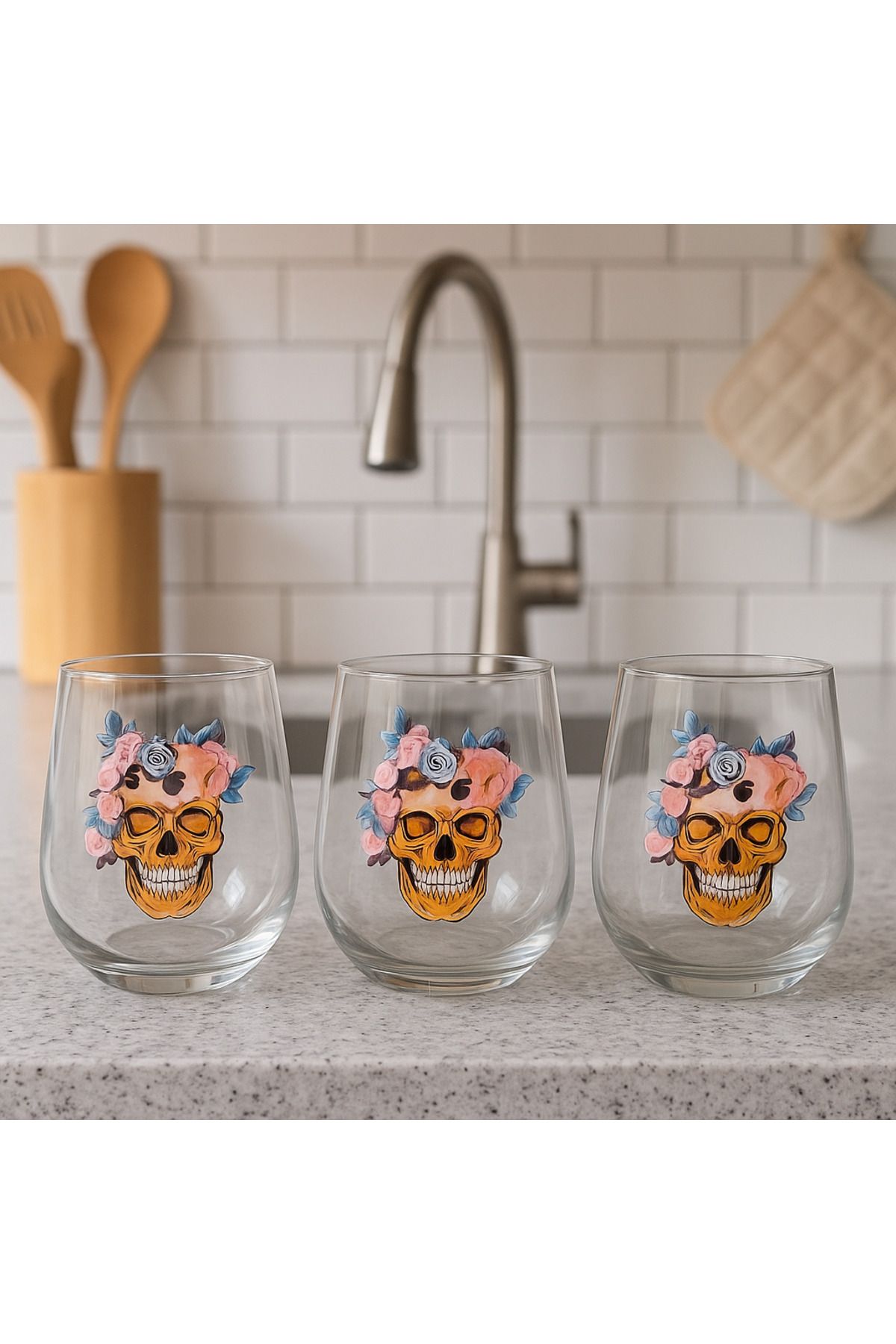 Home 3'lü Kuru Kafa Desenli Meşrubat Bardağı Cam