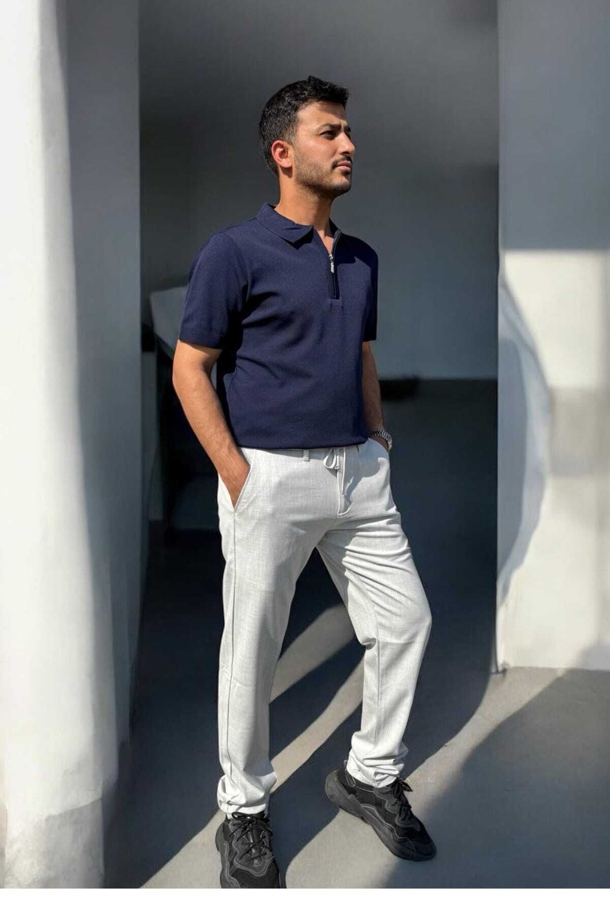 thesunfyre ERKEK Yandan Cepli Beli Lastikli Bağcıklı Rahat Kalıp Kumaş Relaxed Pantolon