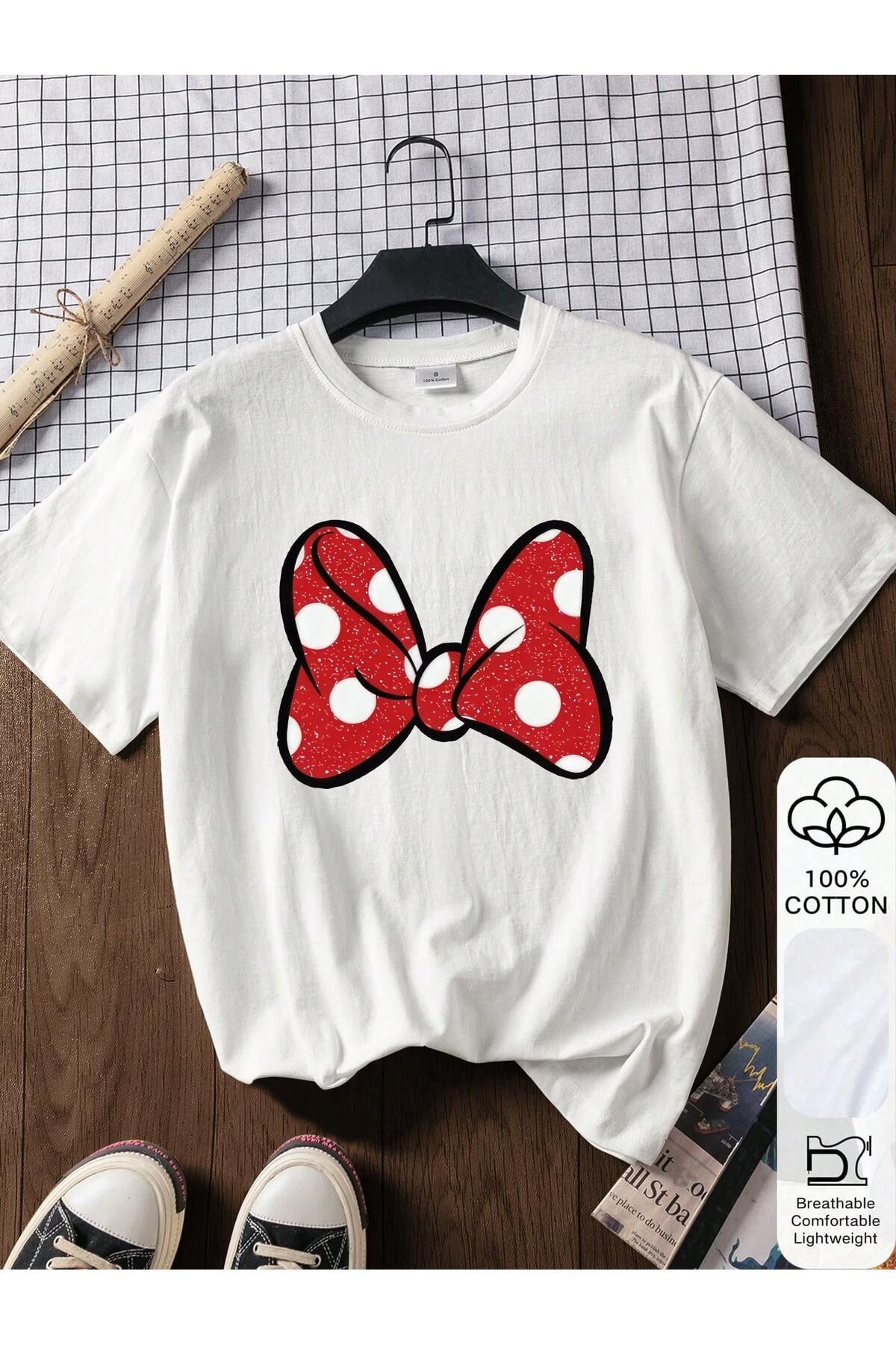 KEALVİ Minnie Bow Tişört - Beyaz Baskılı Oversize T-Shirt Bisiklet Yaka
