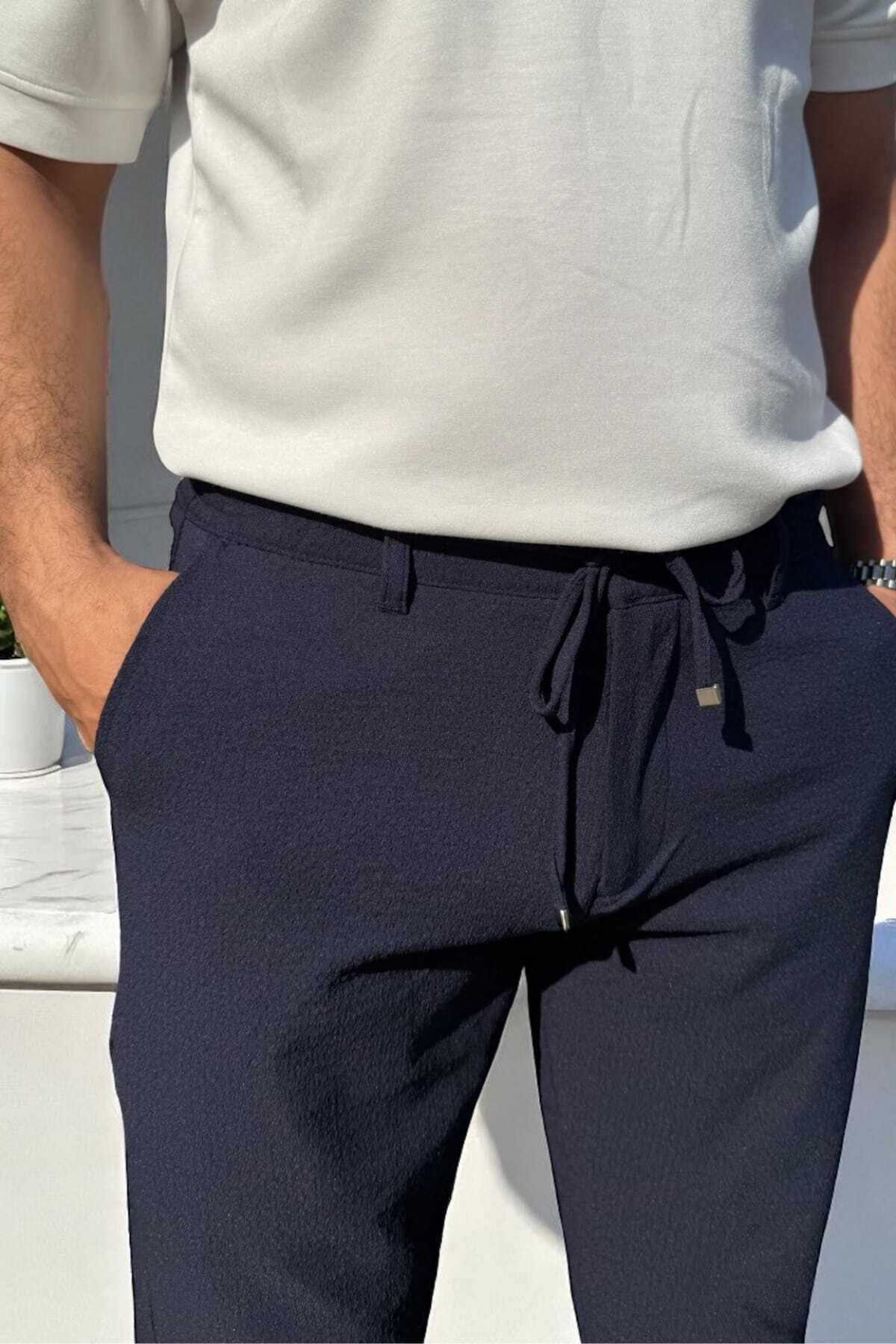 thesunfyre ERKEK Yandan Cepli Beli Lastikli Bağcıklı Rahat Kalıp Kumaş Relaxed Pantolon