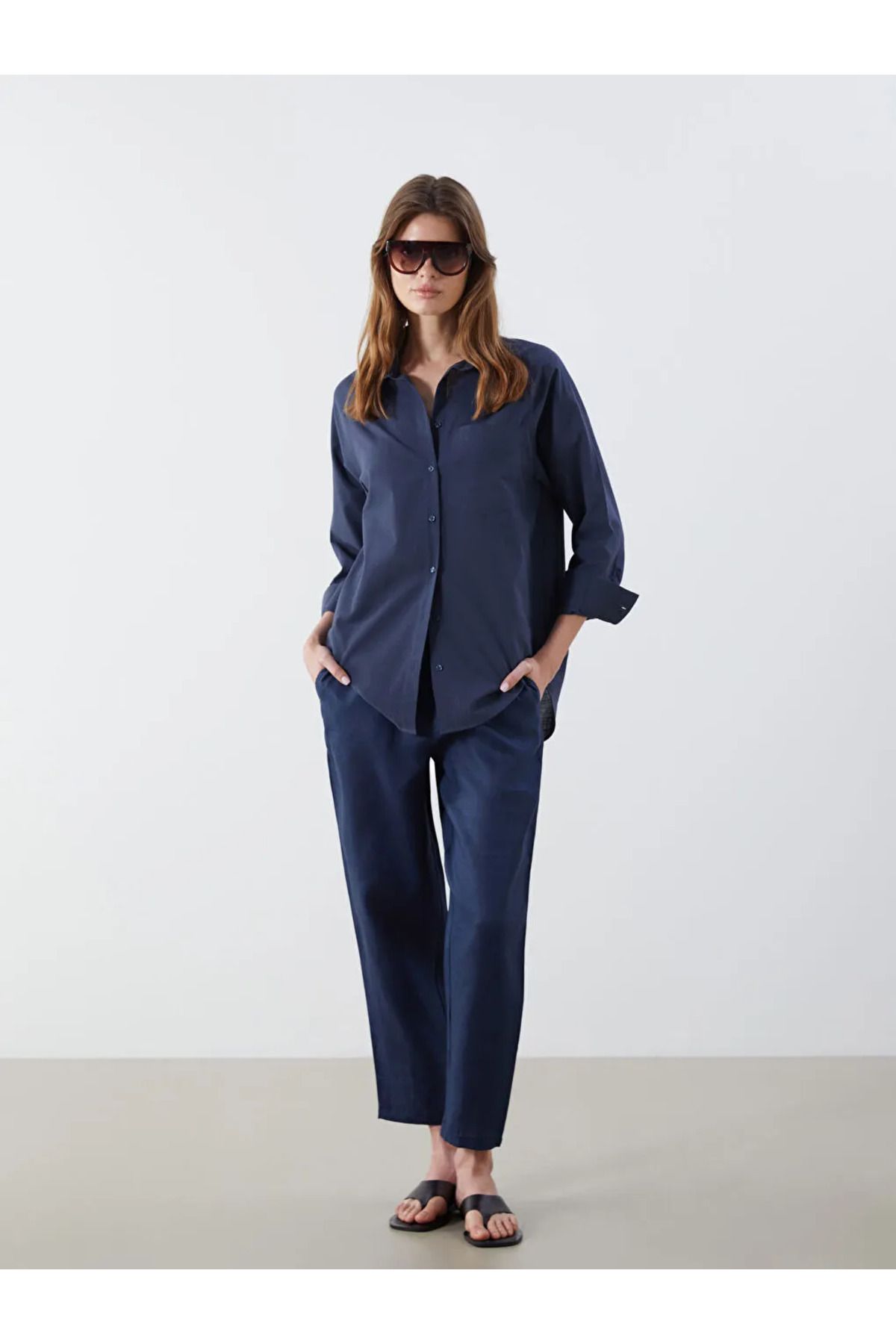 LC Waikiki LCW Vision Lacivert Beli Lastikli Keten Kadın Pantolon