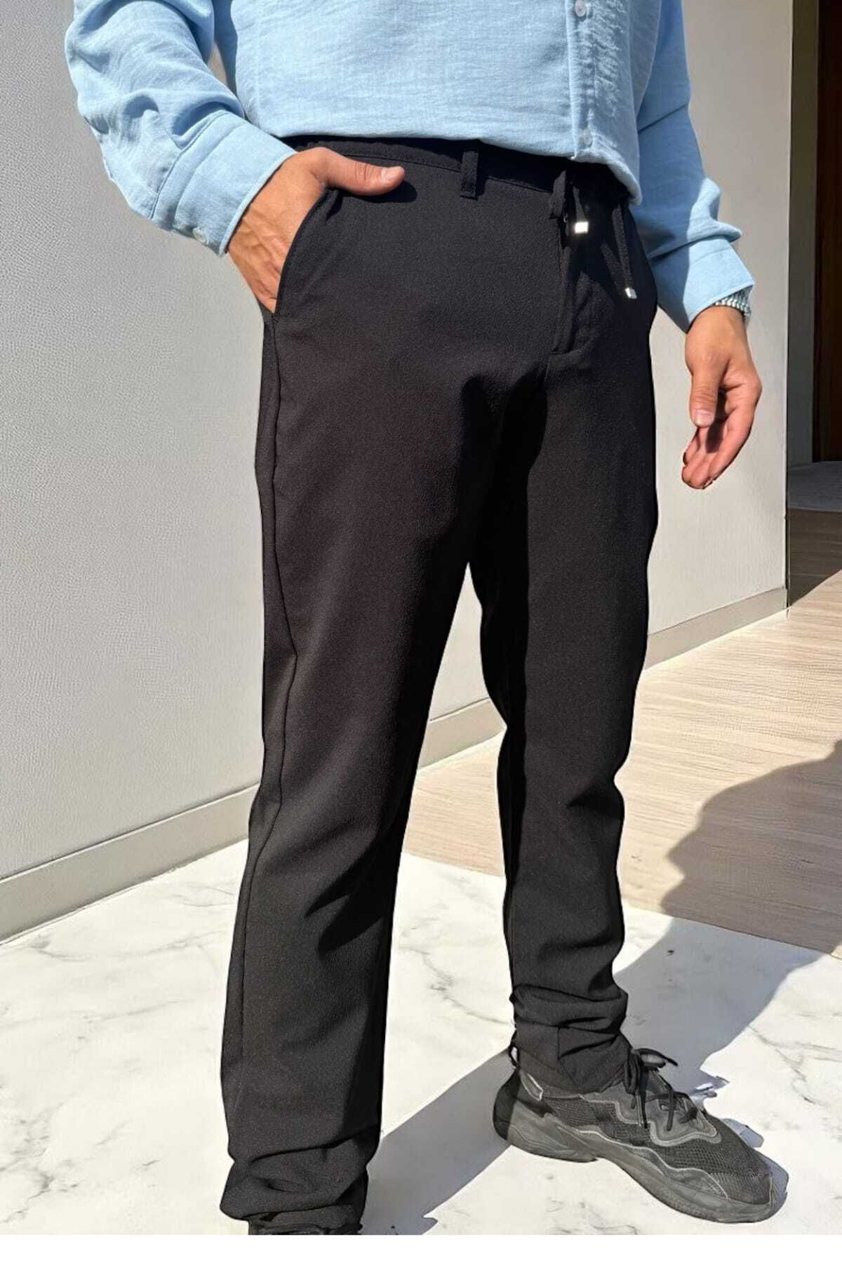 thesunfyre ERKEK Yandan Cepli Beli Lastikli Bağcıklı Rahat Kalıp Kumaş Relaxed Pantolon
