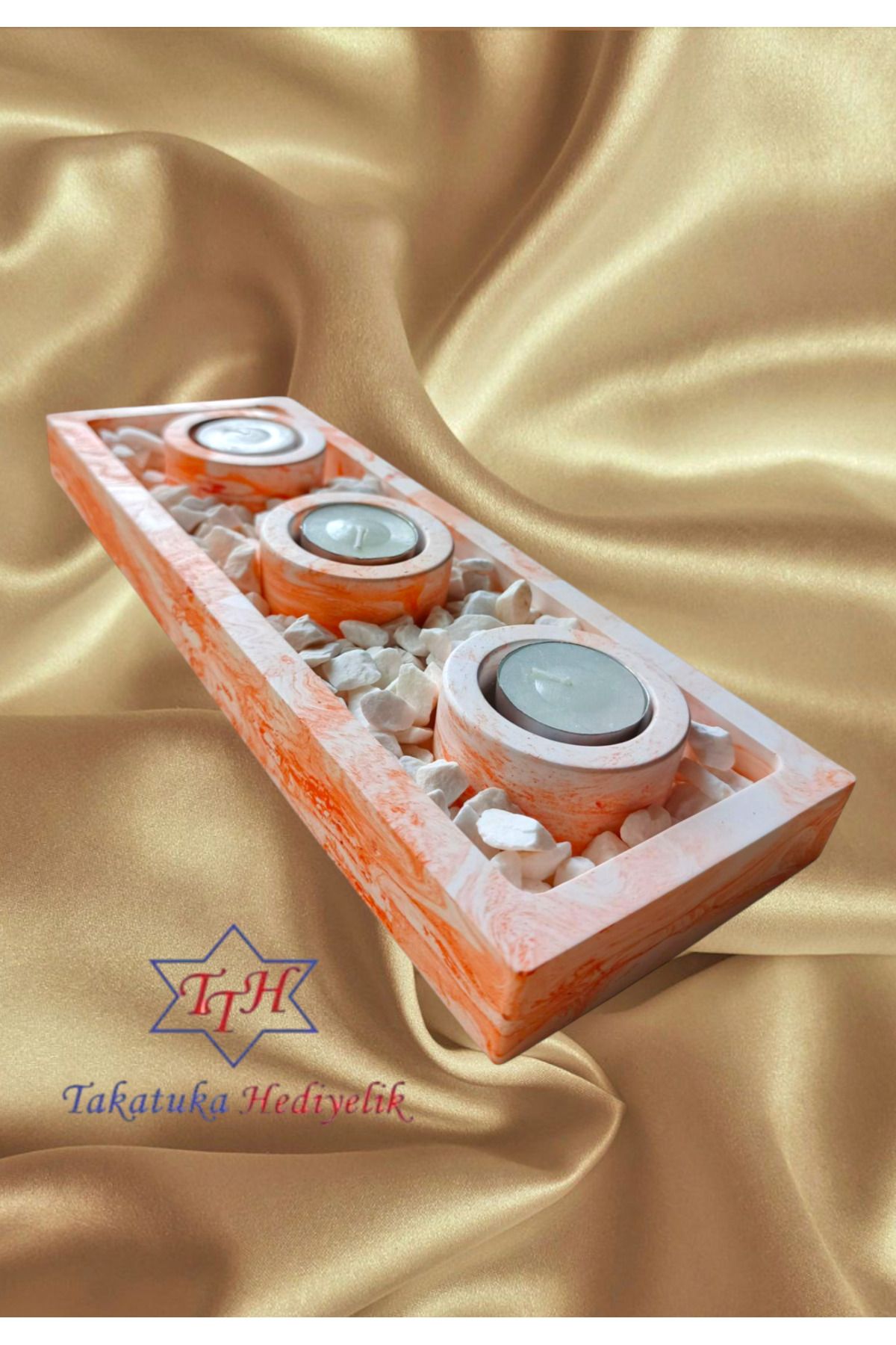 TTH Takatuka Hediyelik 4'Lü Set Beton Tabaklı Mumluk Dolomit Taşlı Tealight Mumluk (MUMLAR DAHİLDİR) ( 23x10 cm )