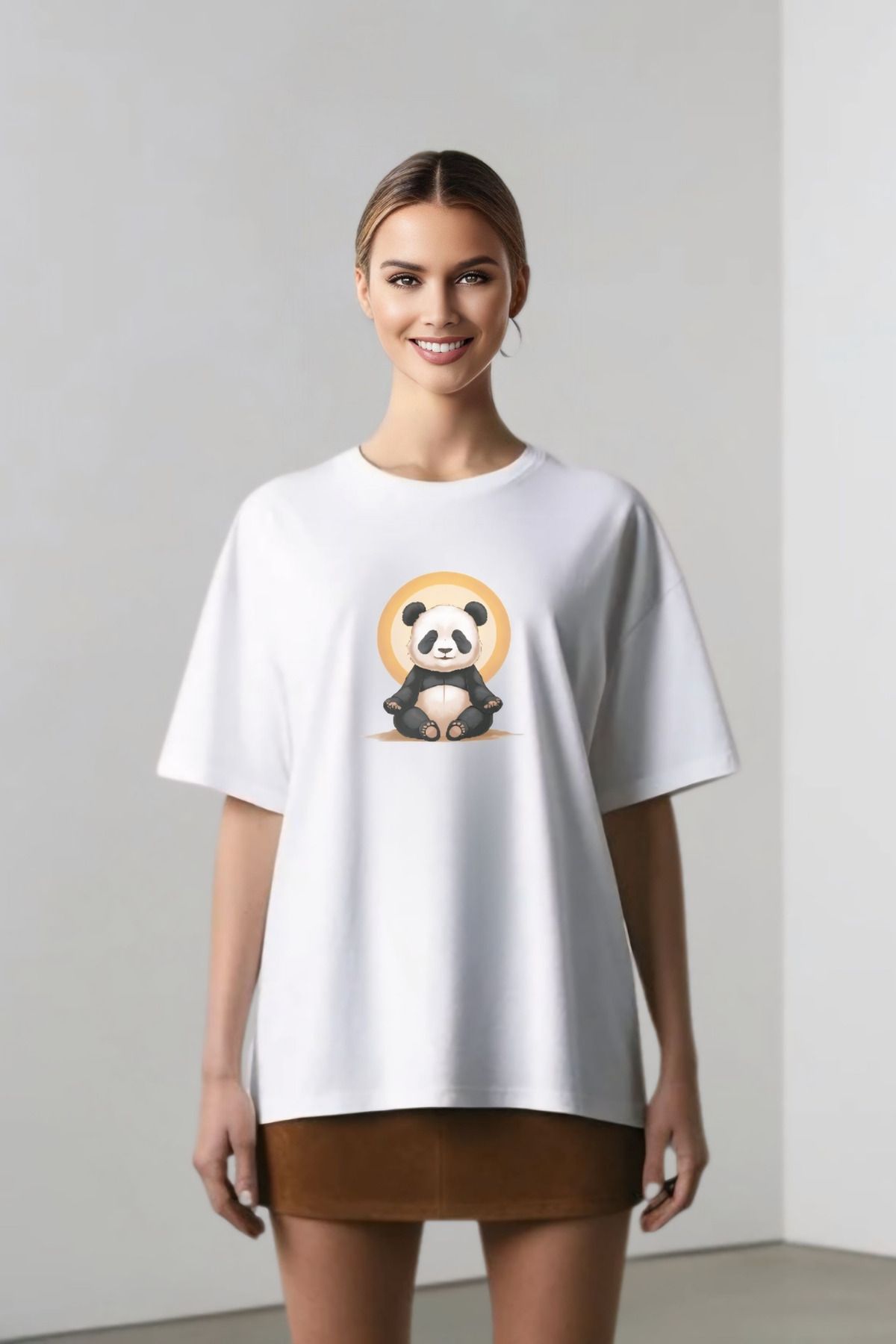 Butik Meditation Panda Tasarım Baskılı Pamuklu Oversize T-shirt