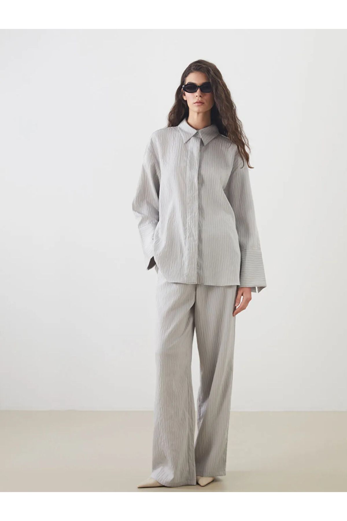 LC Waikiki LCW Modest Gri Beli Lastikli Çizgili Kadın Pantolon