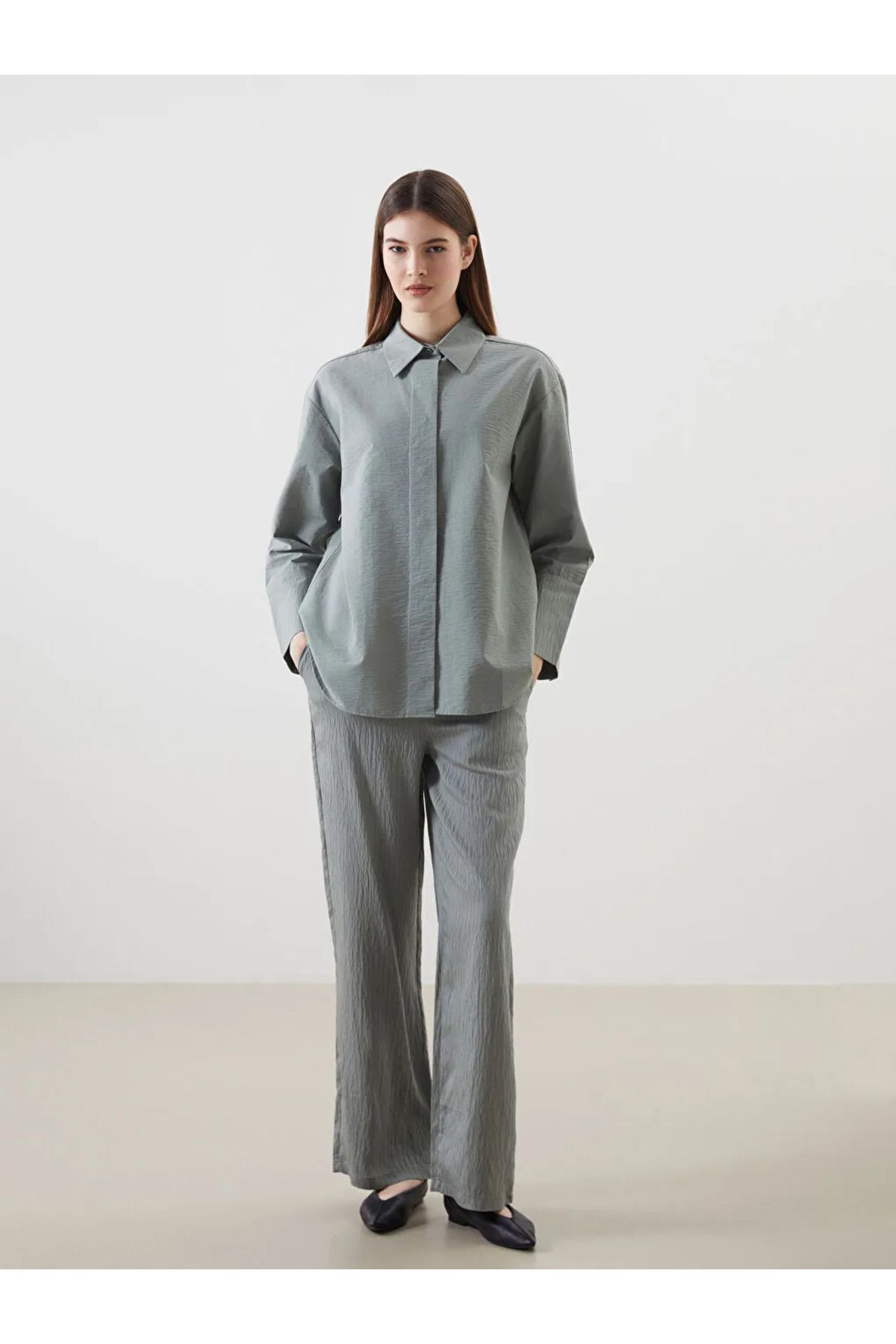 LC Waikiki LCW Modest Yeşil Beli Lastikli Çizgili Kadın Pantolon
