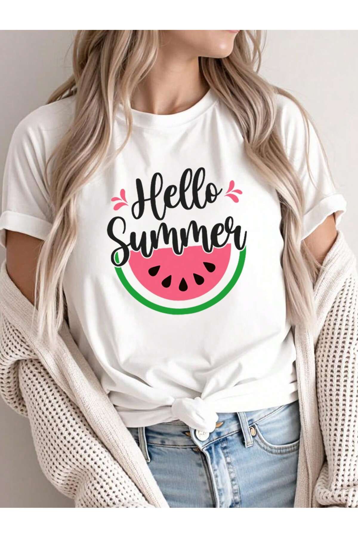 KEALVİ Hello Summer Tişört - Beyaz Baskılı Oversize T-Shirt Bisiklet Yaka