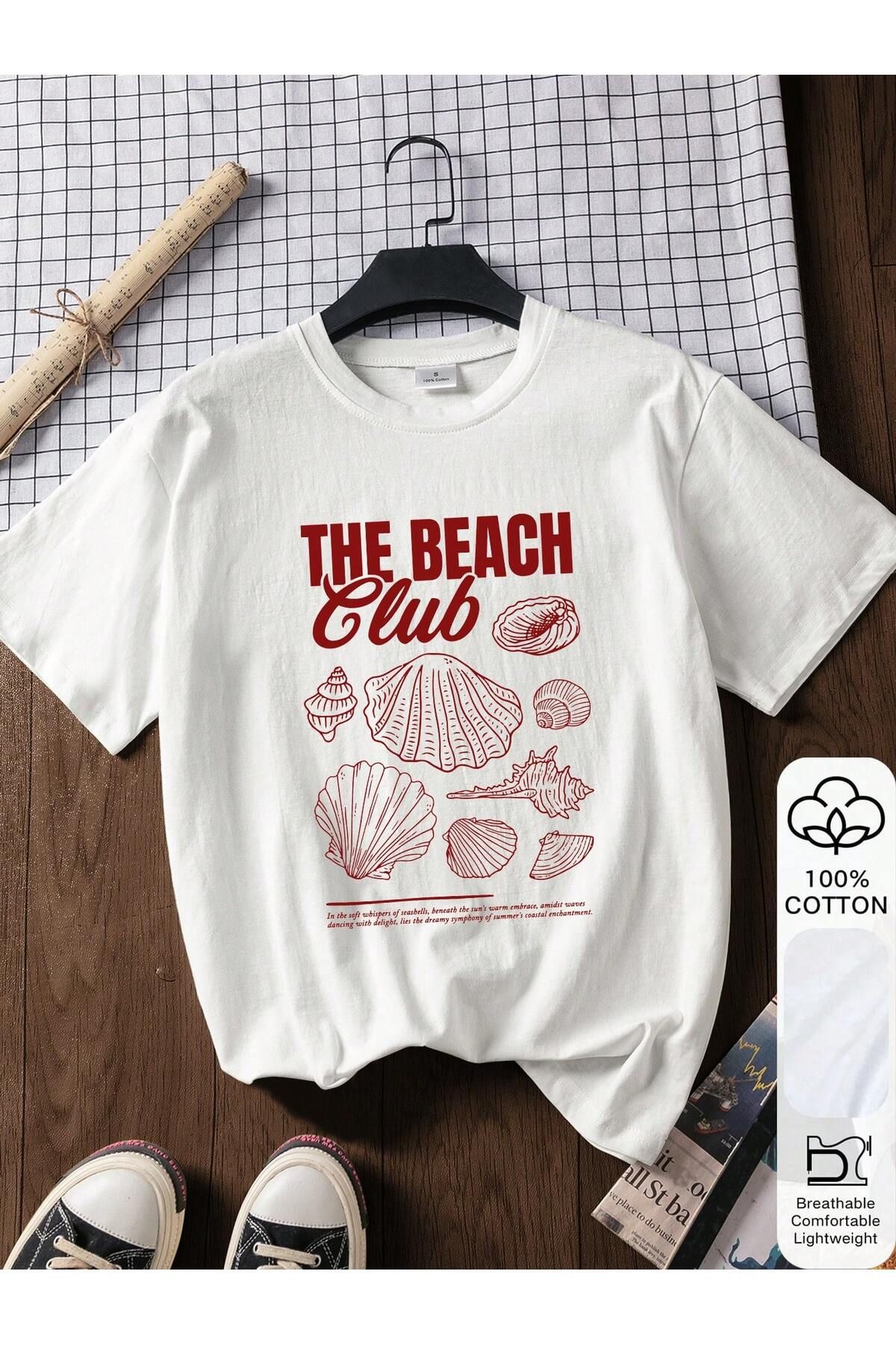 KEALVİ The Beach Club Tişört - Beyaz Baskılı Oversize T-Shirt Bisiklet Yaka