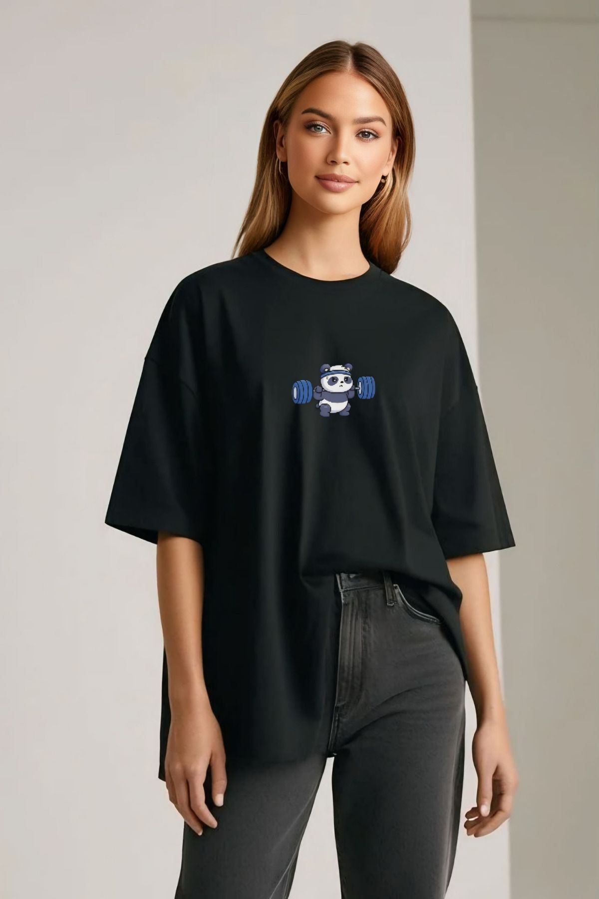 Butik Panda Gym Time Tasarım Baskılı Pamuklu Oversize T-shirt