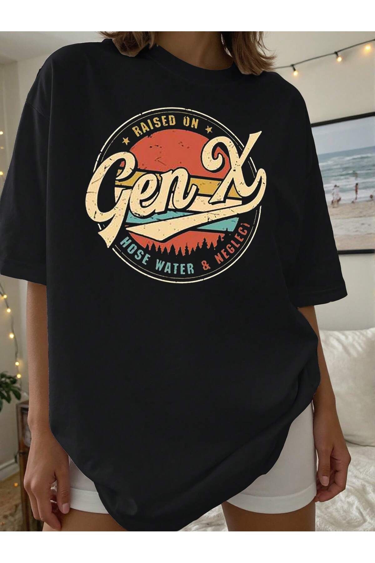 KEALVİ Gen X Tişört - Siyah Baskılı Oversize T-Shirt Bisiklet Yaka