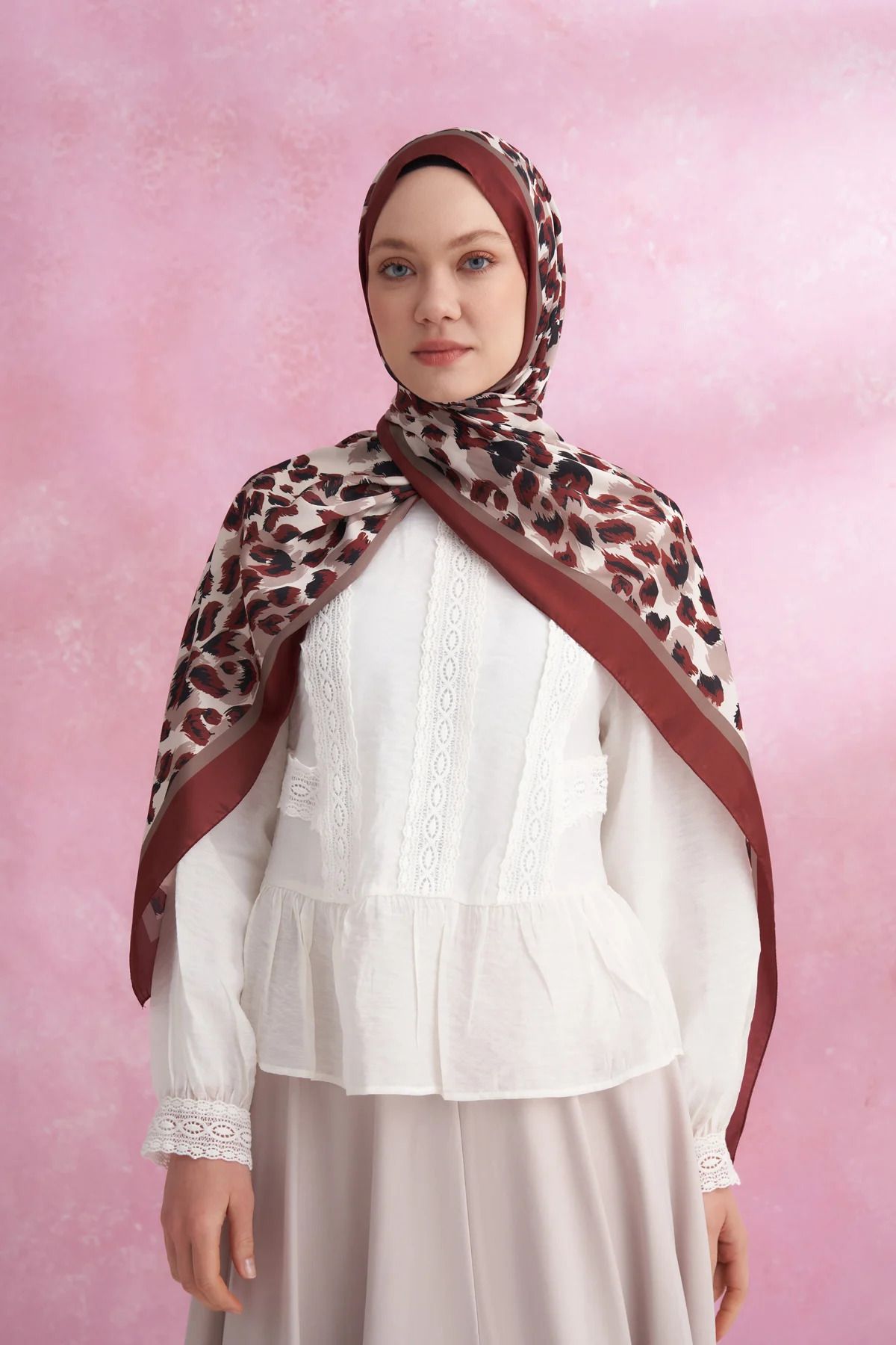 ARMANDA-Leopard Voile Multi Pattern Shawl - Claret Red 2