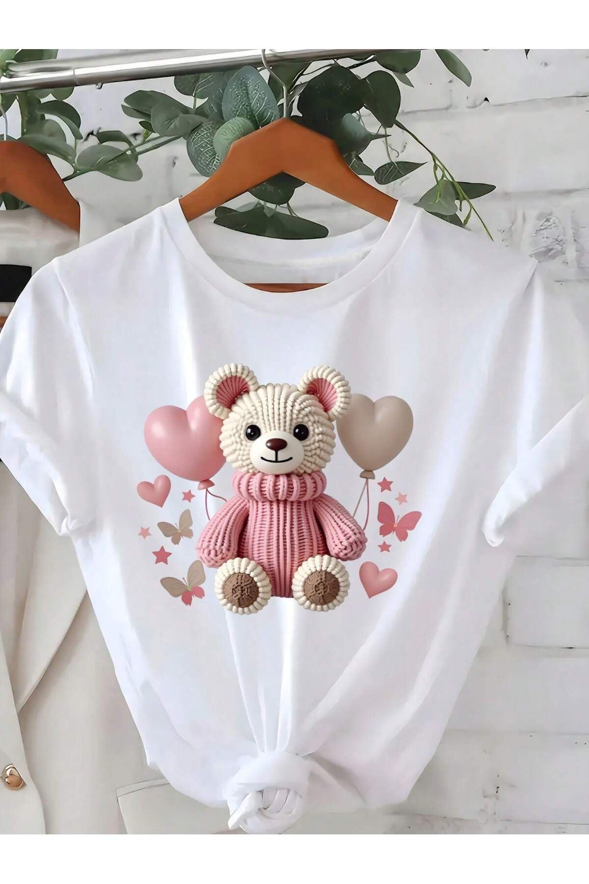 KEALVİ Sweet Teddy Tişört - Beyaz Baskılı Oversize T-Shirt Bisiklet Yaka