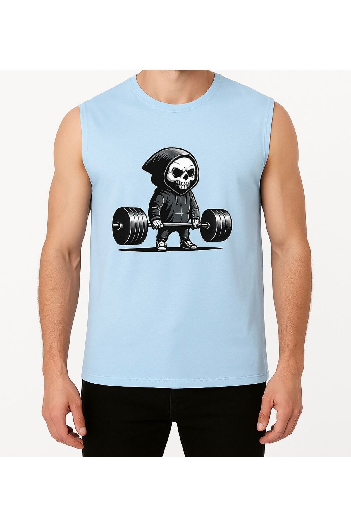 MİHALİÇ Ağırlık Kaldıran İskelet Baskılı Erkek Kolsuz T-shirt