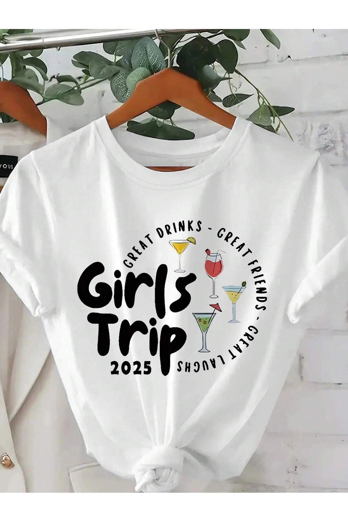KEALVİ Girls Trip Tişört - Beyaz Baskılı Oversize T-Shirt Bisiklet Yaka