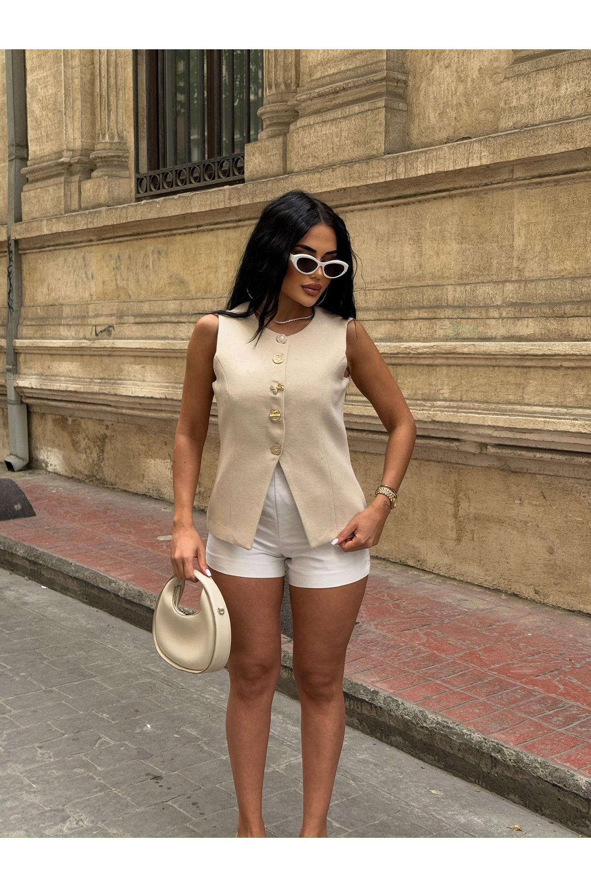 LB Laluna Butik Kadın Gold Düğme Detaylı Keten Yelek