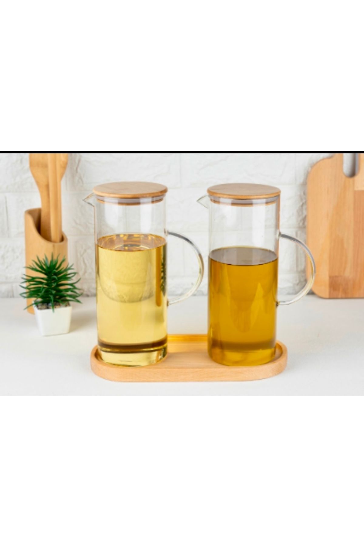 Pembelia Life Bambu Standlı 2’li Borosilikat Cam 1500 ml Büyük Boy Yağdanlık Yağlık Seti