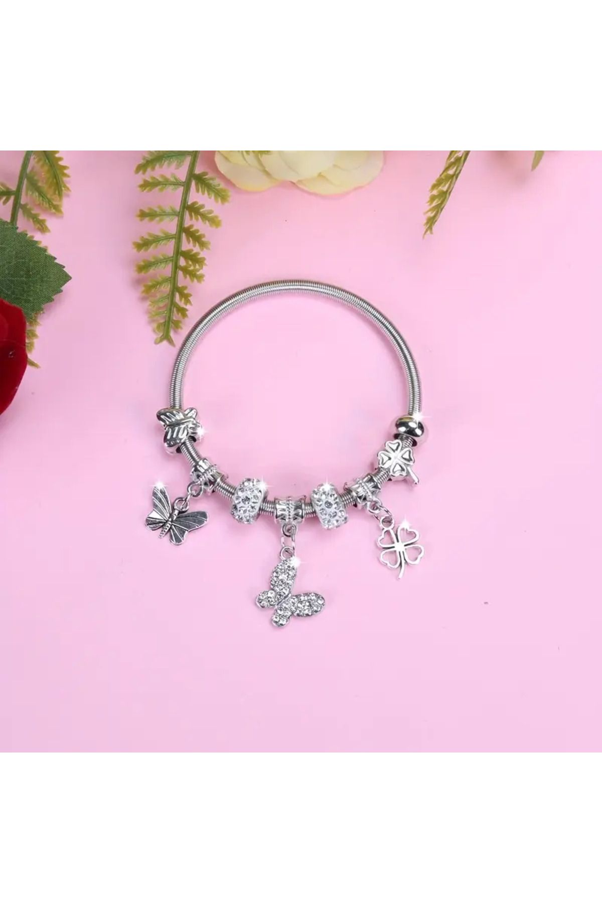 sosyeteyim Charm Bileklik, Rhinestone Kelebek Çiçek Kolye Boncuklu Rhinestone