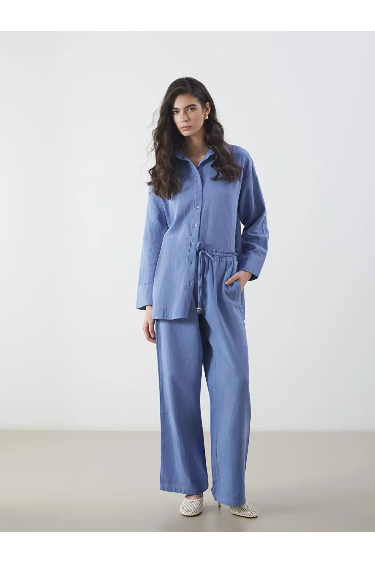 LC Waikiki LCW Modest Mavi Beli Lastikli Geniş Paça Müslin Kadın Pantolon