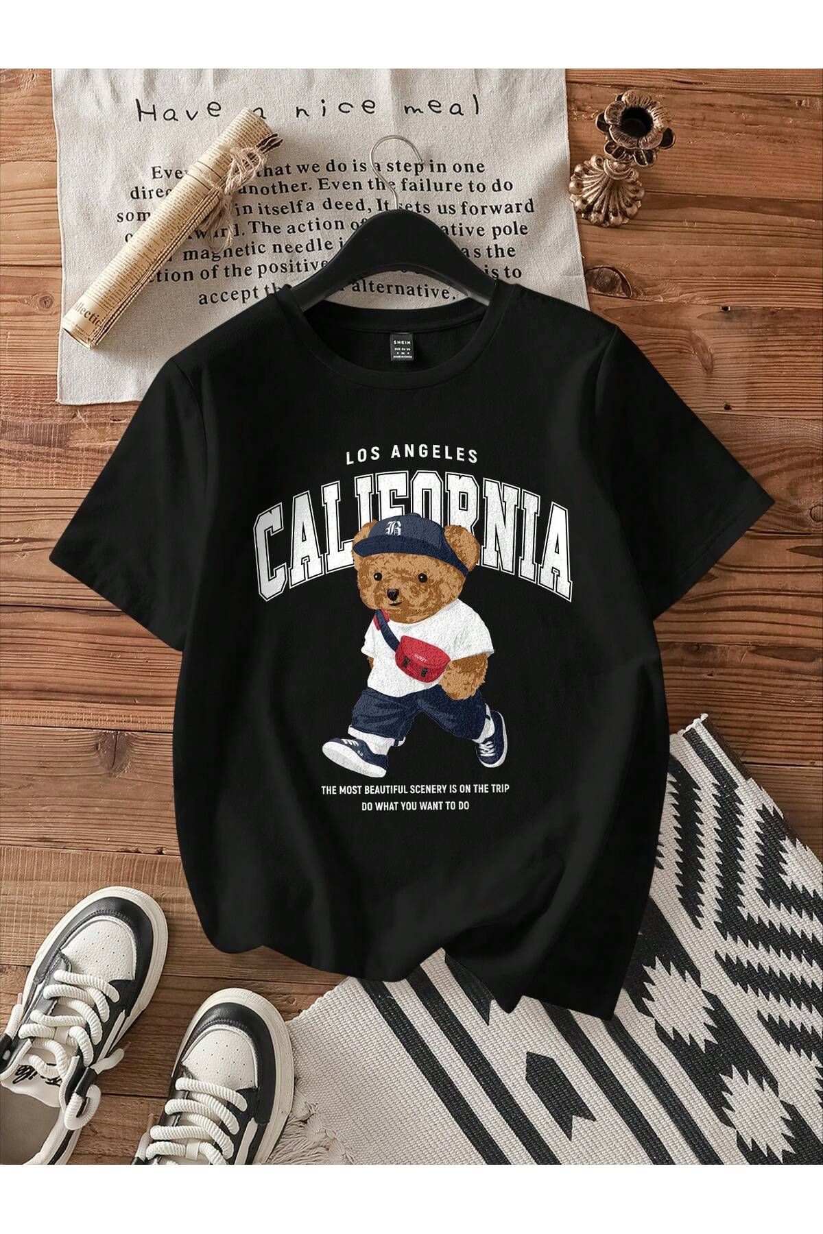 KEALVİ California Bear Tişört - Siyah Baskılı Oversize T-Shirt Bisiklet Yaka
