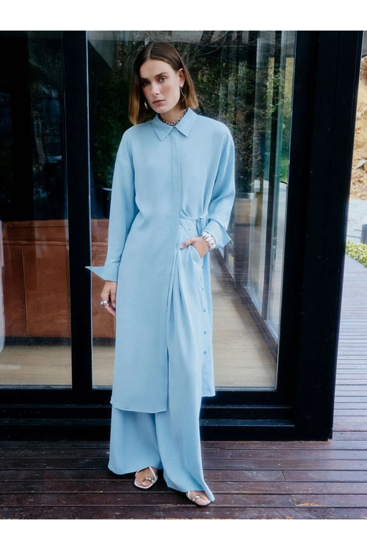LC Waikiki LCW Modest Mavi Loose Fit Geniş Paça Kadın Pileli Pantolon