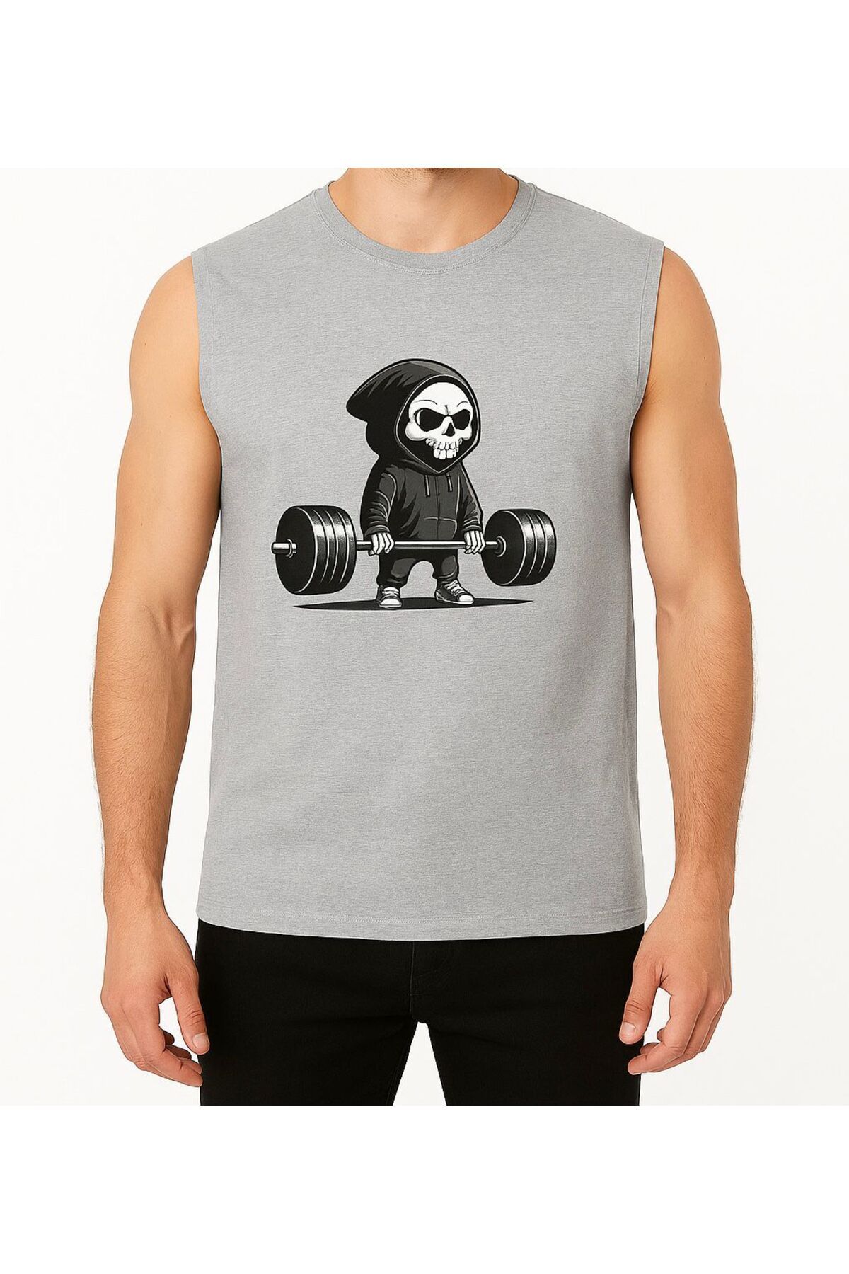 MİHALİÇ Ağırlık Kaldıran İskelet Baskılı Erkek Kolsuz T-shirt