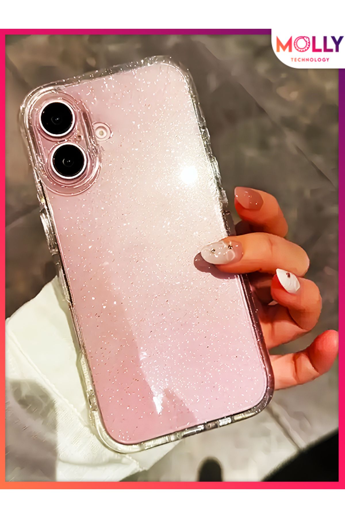 Molly iPhone 16 İçin Şeffaf Berry Simli Lüks Şeffaf Silikon Kılıf