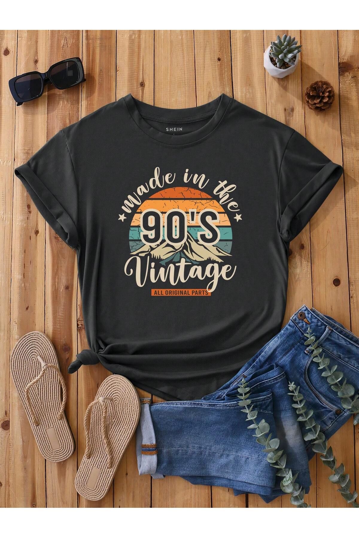 KEALVİ 90's Vintage Tişört - Siyah Baskılı Oversize T-Shirt Bisiklet Yaka