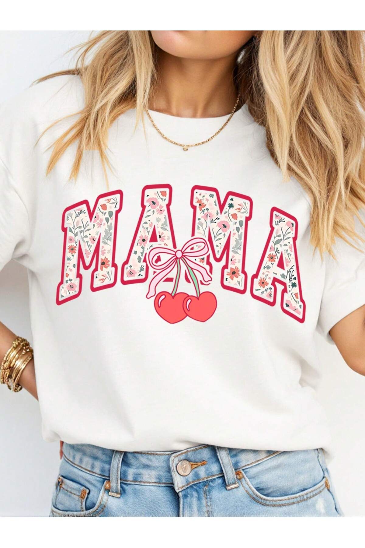 KEALVİ Mama Cherry Tişört - Beyaz Baskılı Oversize T-Shirt Bisiklet Yaka