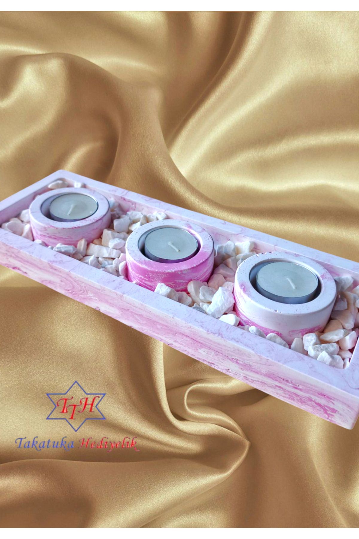 TTH Takatuka Hediyelik 4'Lü Set Beton Tabaklı Mumluk Dolomit Taşlı Tealight Mumluk (MUMLAR DAHİLDİR) ( 23x10 cm )