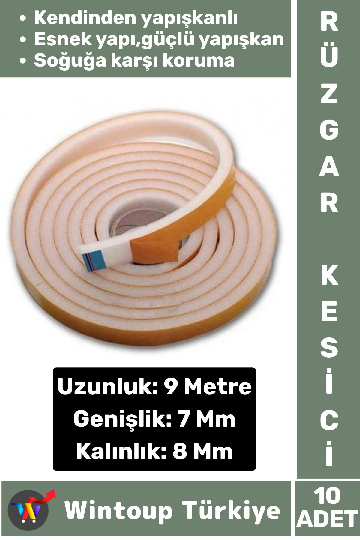 Wintoup Premium Yapışkanlı Pencere İzolasyon Bantı Rüzgar Soğuk Kesici Cam Yalıtım Süngeri 9 Metre X 10 Adet