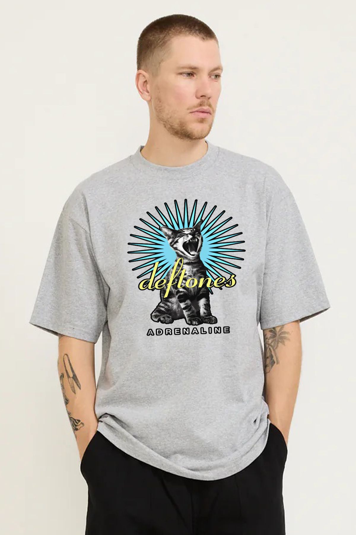 MODA Deftones Kedi Baskılı Oversize Kalıp Grimelanj Bol Geniş Kesim Erkek Tişört