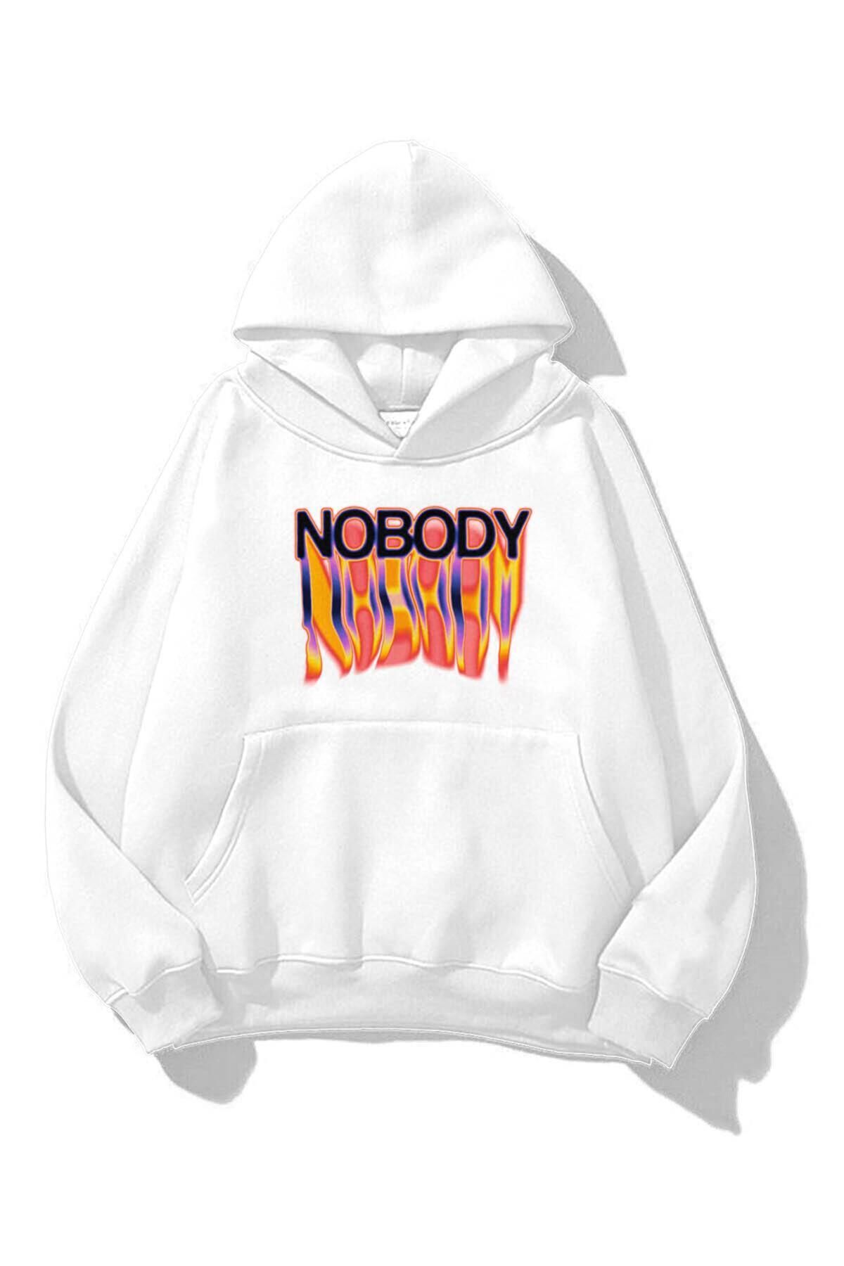 Boi Unisex Nobody Sweatshirt Hoodie Beyaz