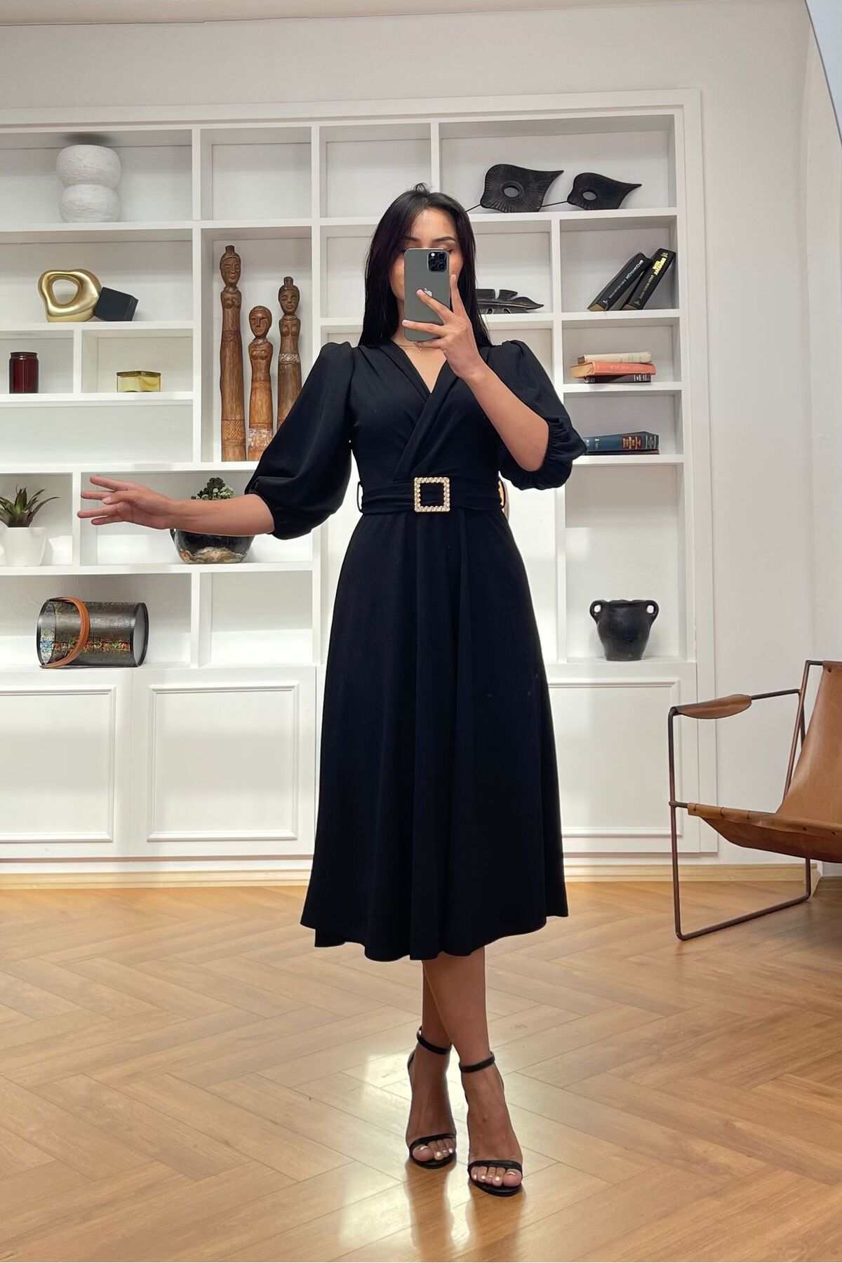 Nida Boutique Yarım Kol Kruvaze Yaka Kuşaklı Örme Krep Elbise