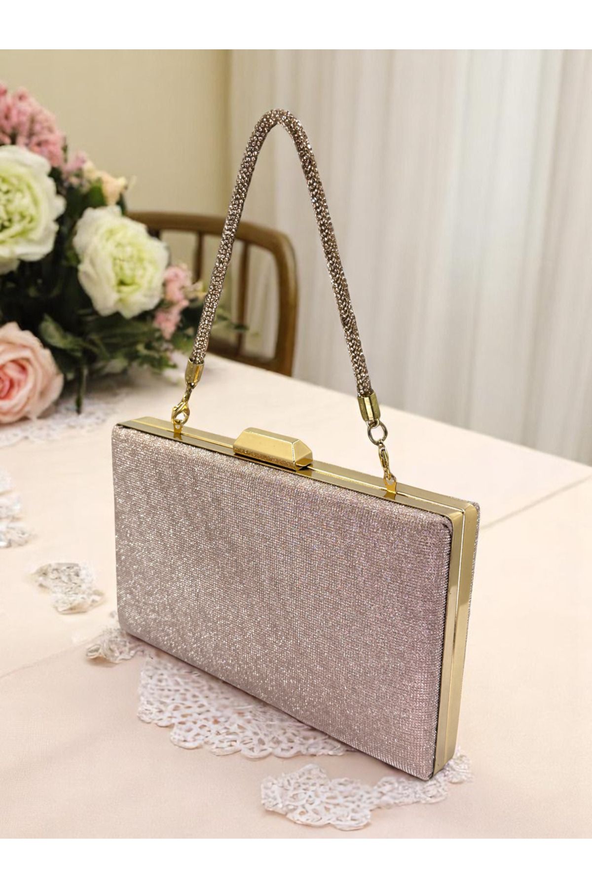 Biçanta Nokta Desenli Rosegold Renk Kadın Abiye Çanta Düğün Nişan Mezuniyet