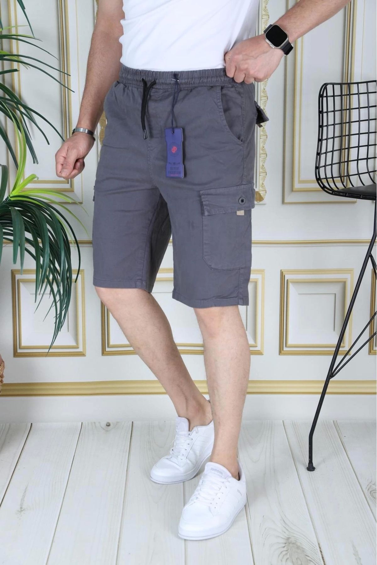PHANTOM JEANS Erkek Gri Likralı Gabardin Şort Kargo Cepli Pamuklu Beli Lastikli Bağcıklı Basic Şort