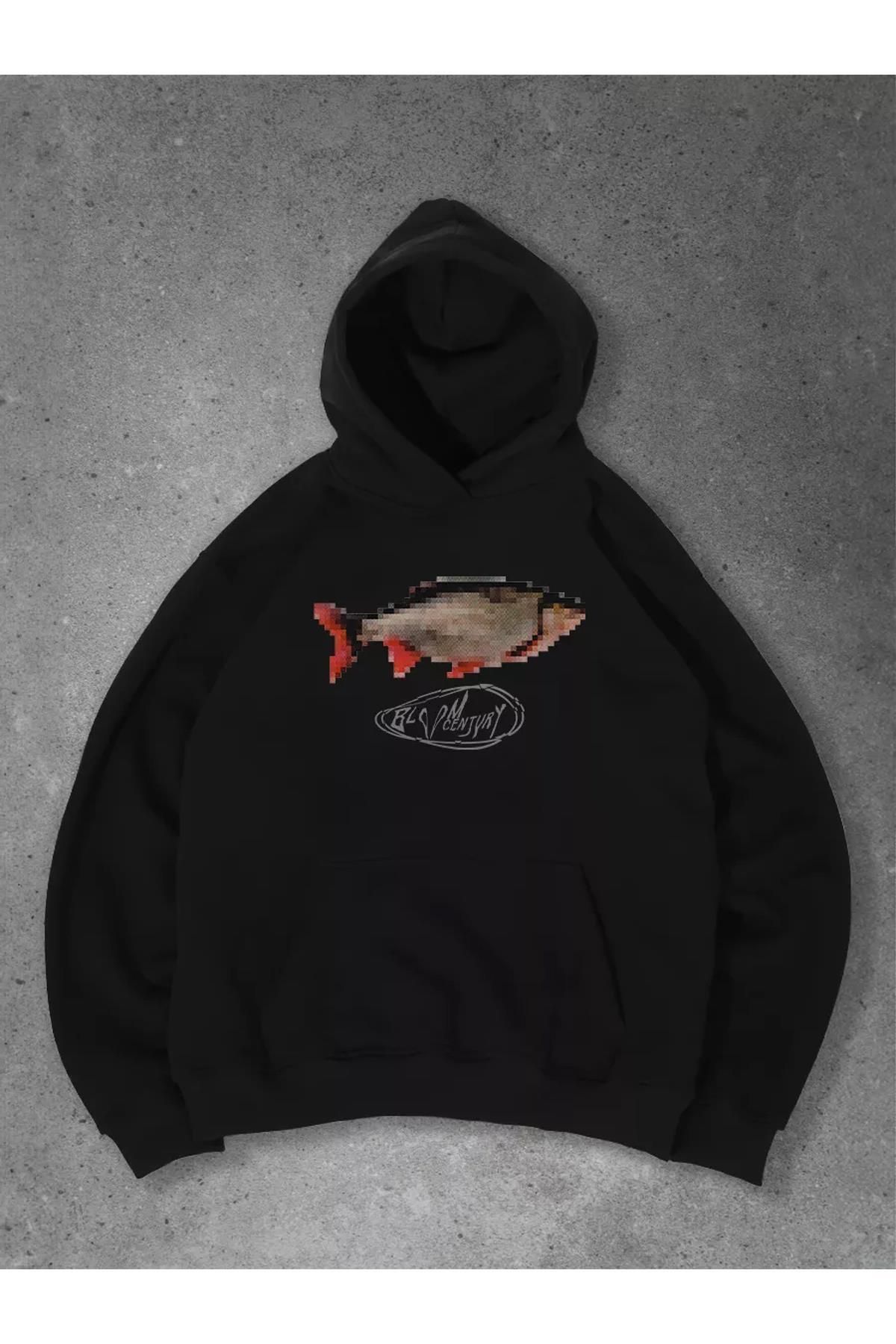 Boi Unisex Pixel Fish Sweatshirt Siyah