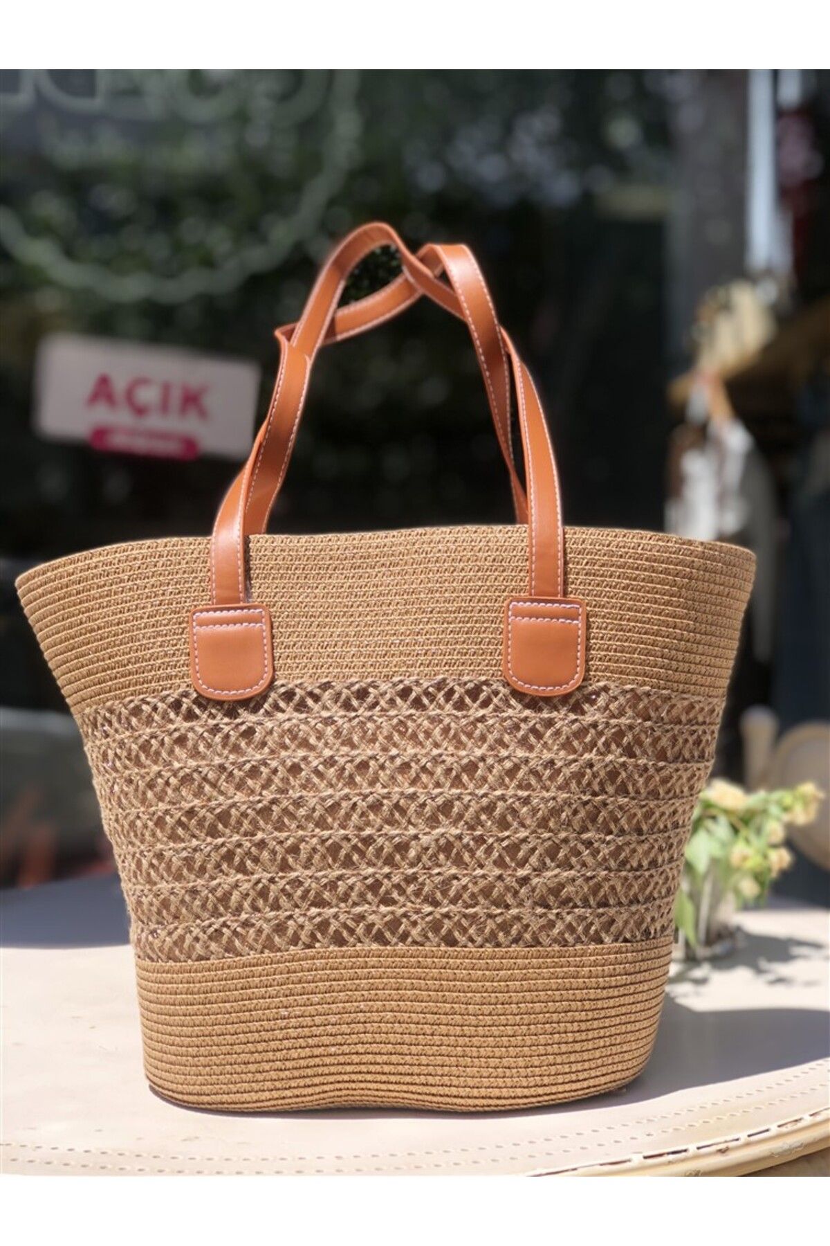 Gözde Tasarım Butik KADIN NATUREL RENK BÜYÜK BOY ASTARLI FERMUARLI HASIR OMUZ VE PLAJ ÇANTASI
