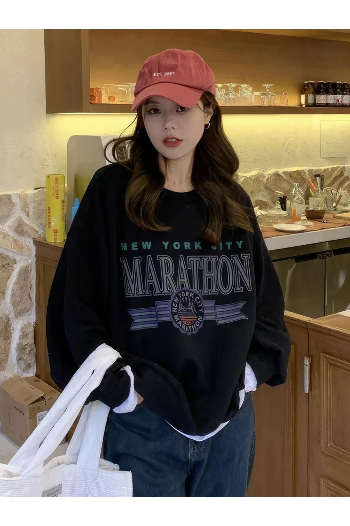Boi Unisex Marathon Bisiklet Yaka Sweatshirt Siyah