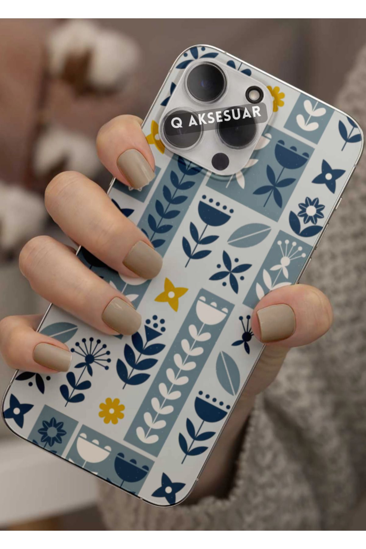Q Aksesuar Samsung Galaxy A20 Uyumlu Mavi Çiçek Tasarımlı Şeffaf Telefon Kılıfı Kapak Case