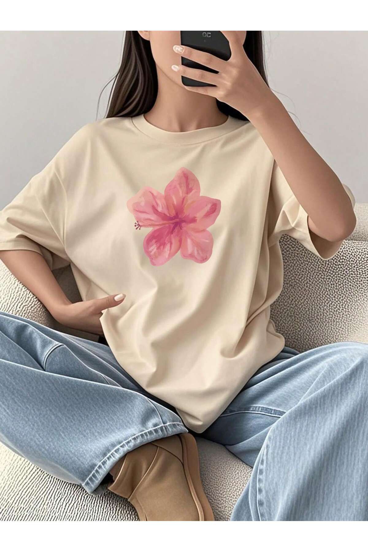 Velostra Unisex PembeÇiçek baskılı Penye Oversize T-shirt