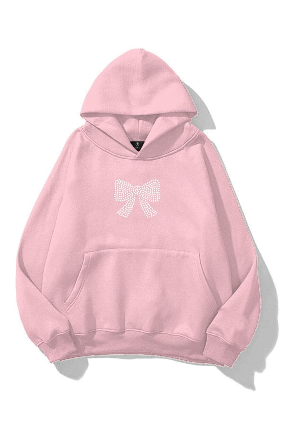 Boi Unisex Kurdele Taş Baskılı Sweatshirt Pembe