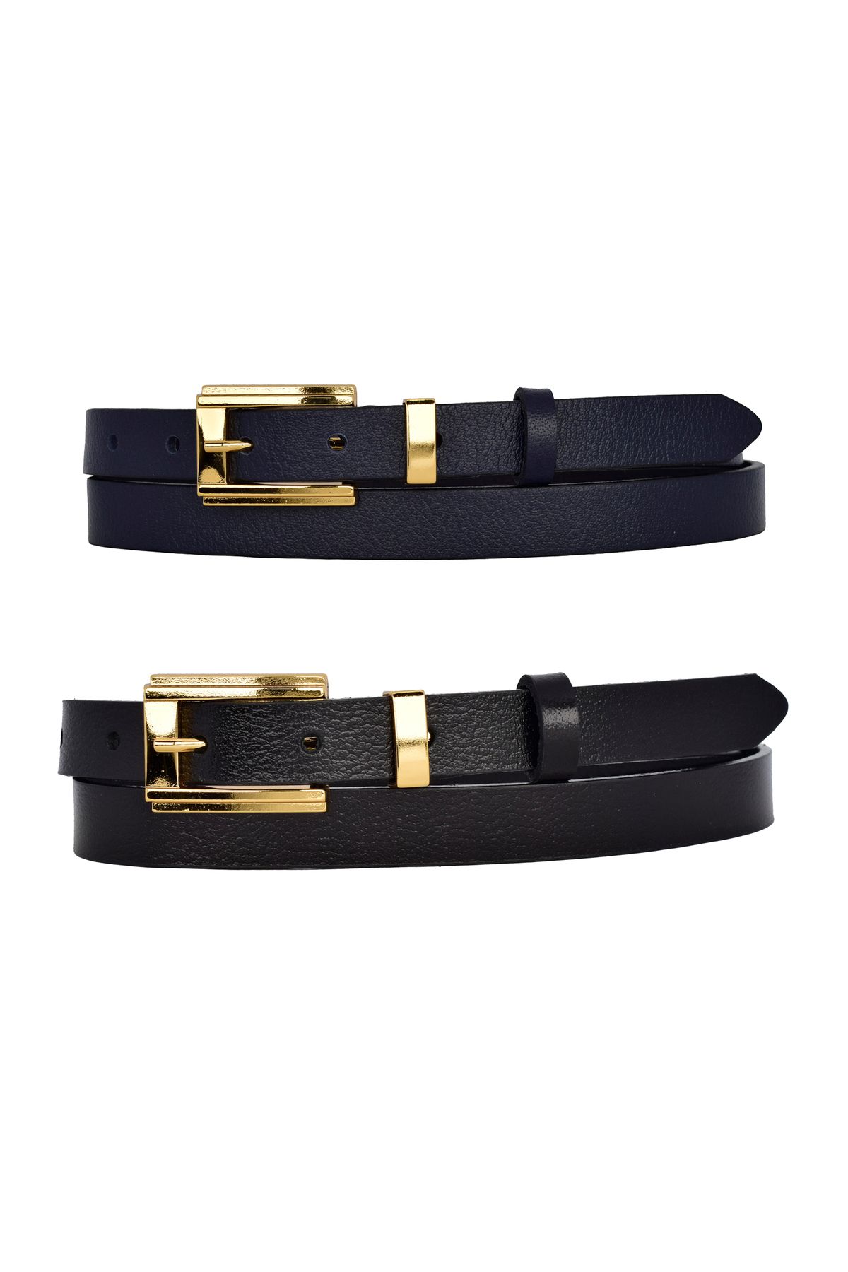 GoDeri-100% Genuine Leather Set of 2 Gold Color Set Buckle 2cm Women's Belt Navy Blue, Black_ Big_Gold 2